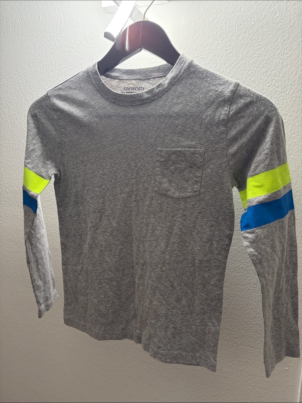 J Crew crewcuts Gray Long-Sleeve Tee with Neon Yellow & Blue Stripes